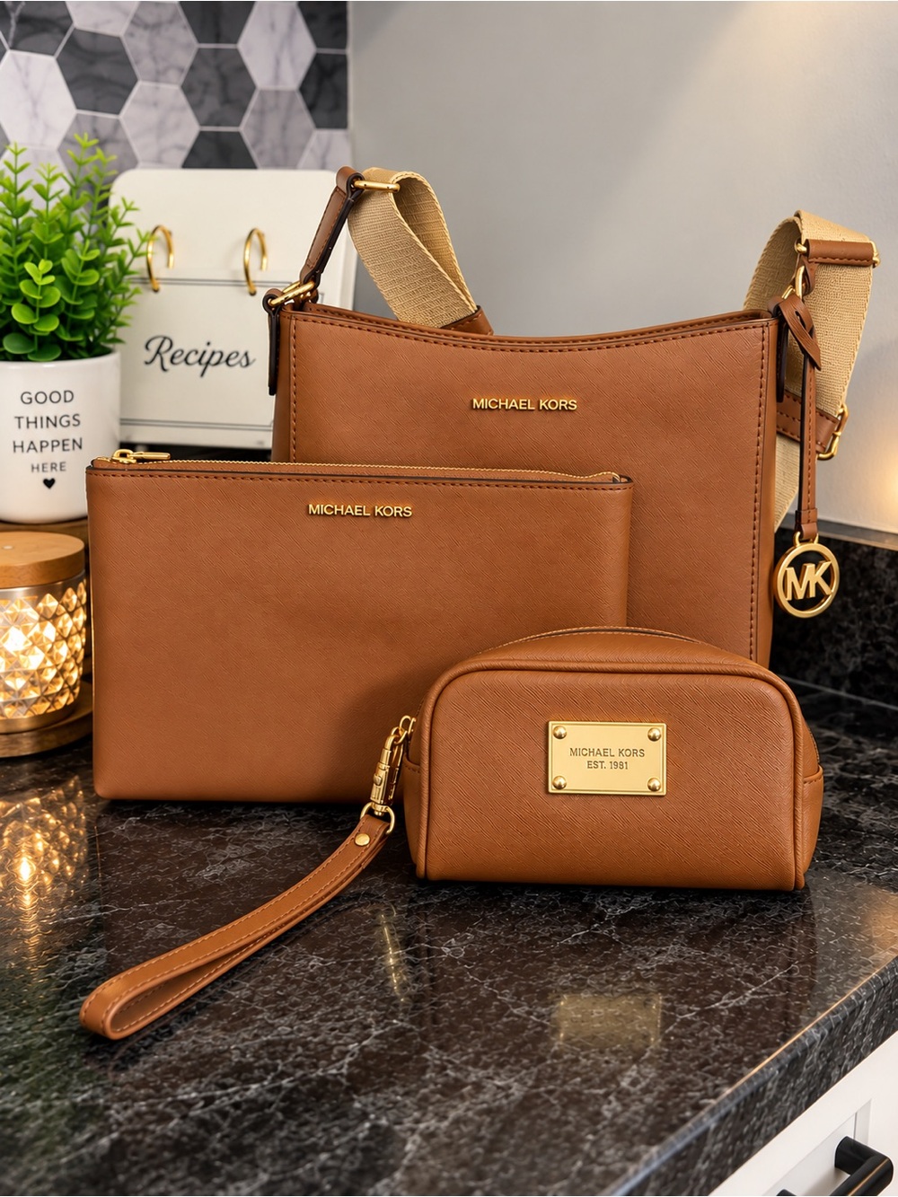 Michael Kors Brown Leather Crossbody Set with Gold Hardware
